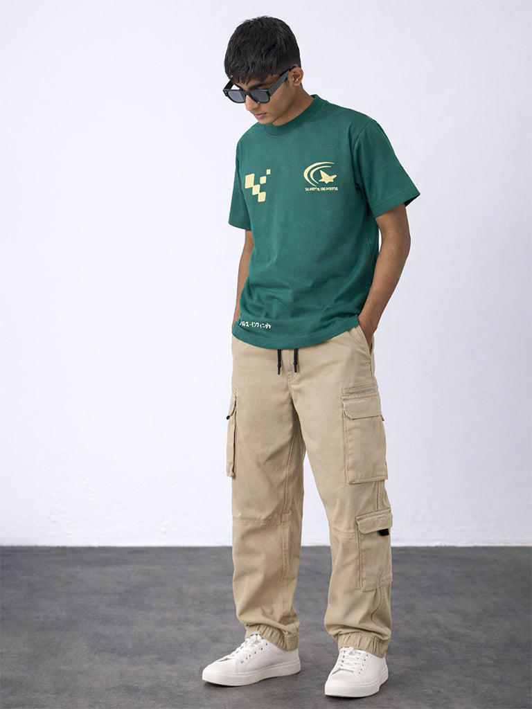 Boys Beige Cargo-Style Mid-Rise Cotton-Blend Joggers