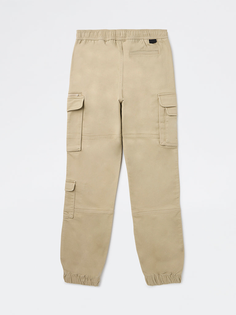 Boys Beige Cargo-Style Mid-Rise Cotton-Blend Joggers