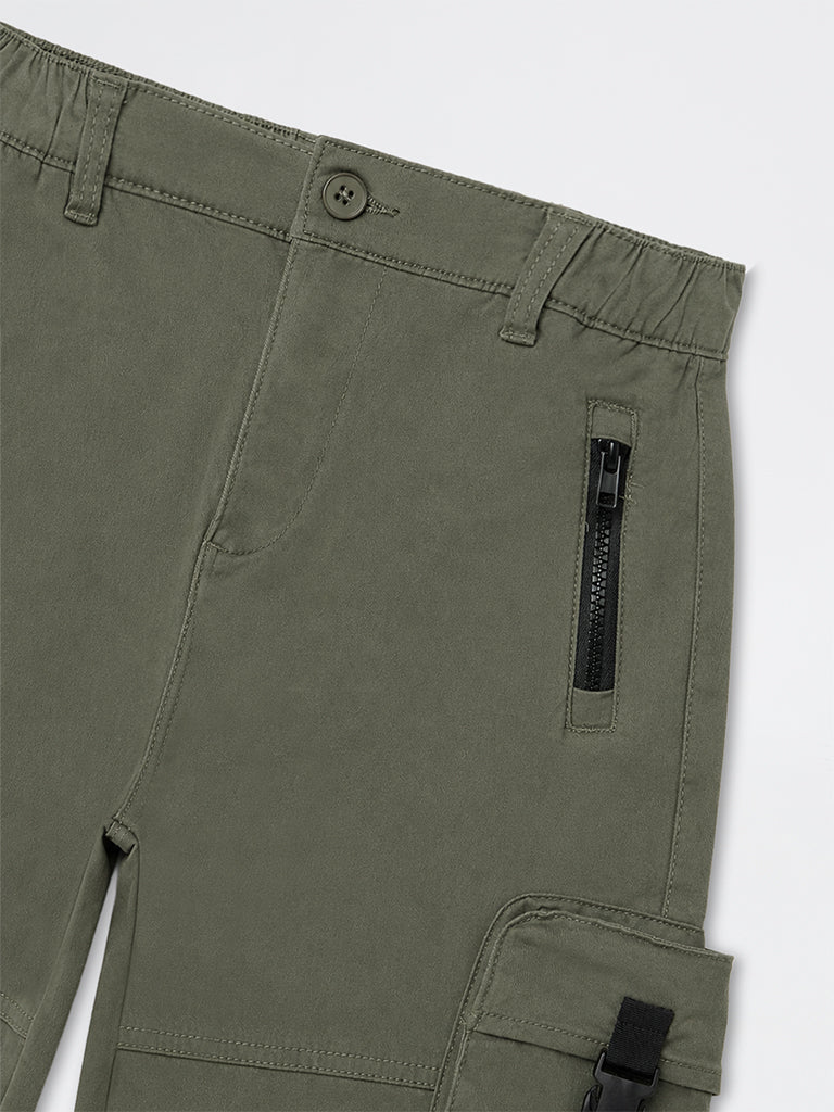 Boys Olive Mid-Rise Cotton-Blend Cargo Pants