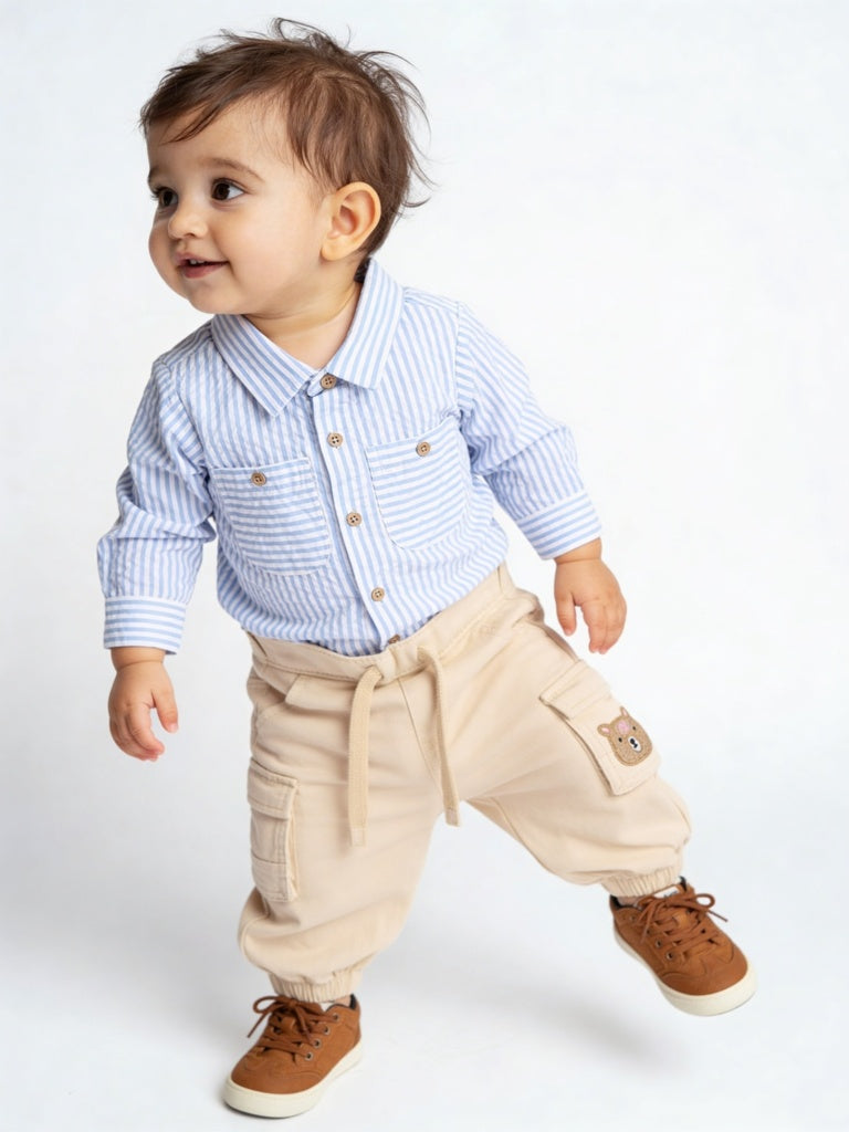 HOP Baby Boys Beige Embroidered Mid-Rise Cotton-Blend Joggers