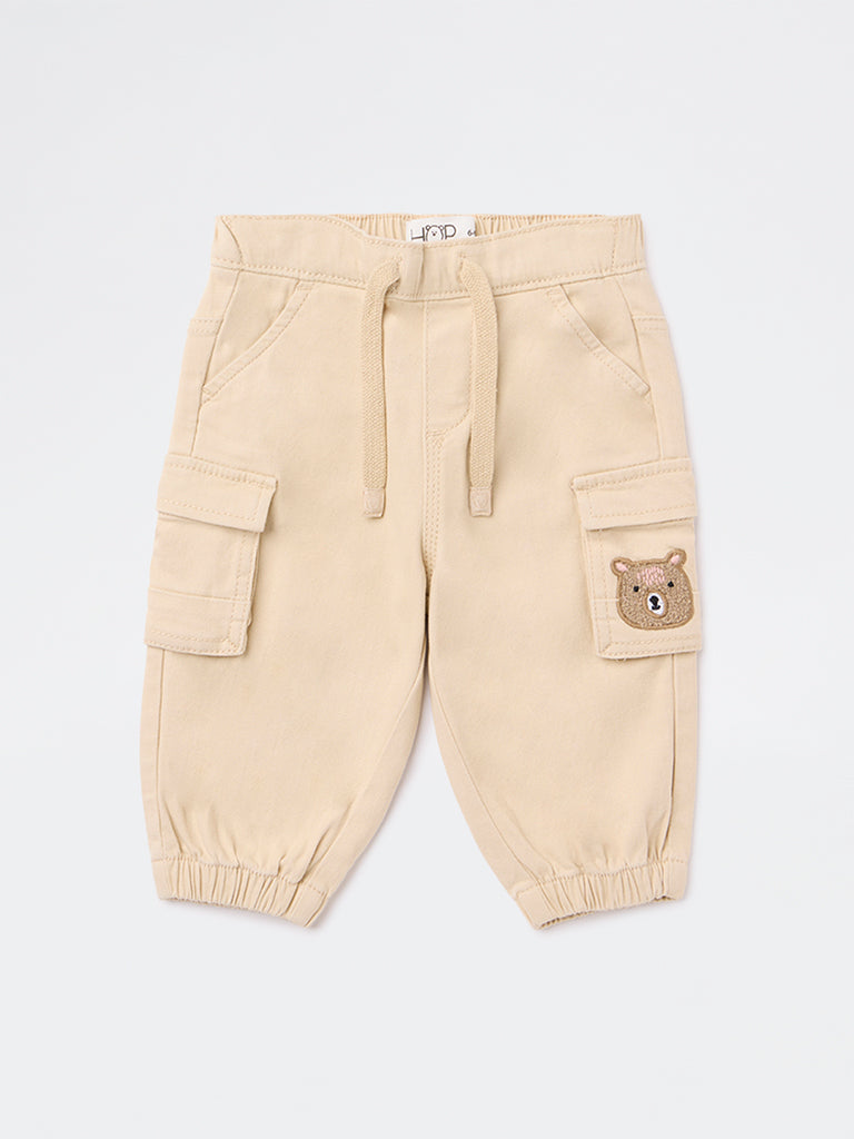 HOP Baby Boys Beige Embroidered Mid-Rise Cotton-Blend Joggers