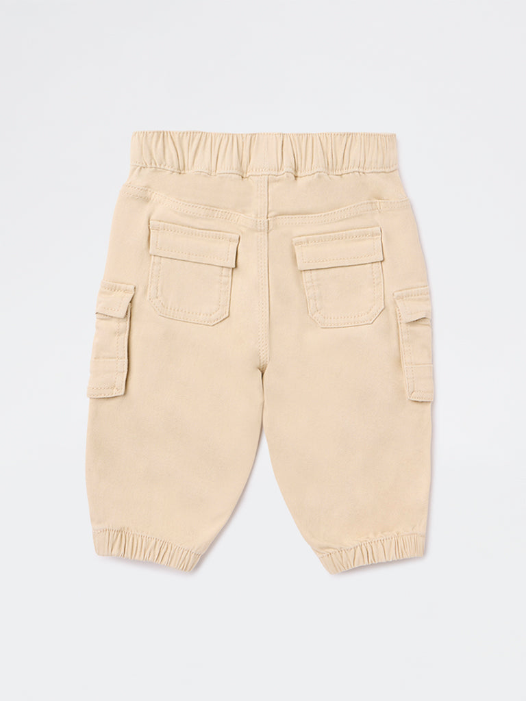 HOP Baby Boys Beige Embroidered Mid-Rise Cotton-Blend Joggers