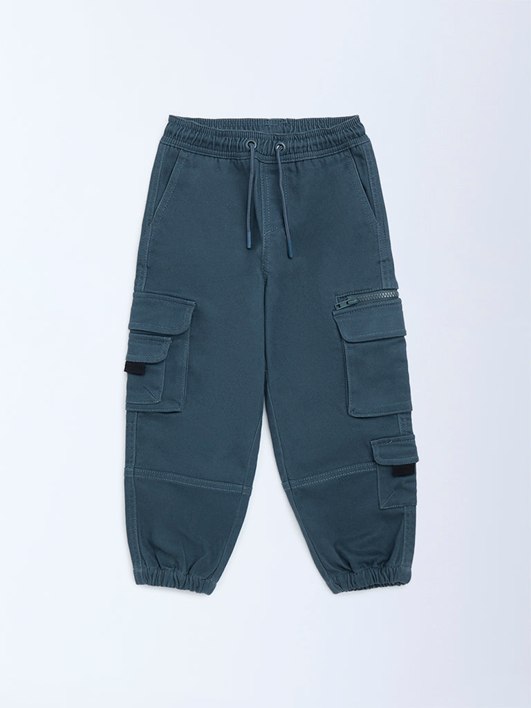 HOP Kids Boys Teal Mid-Rise Cotton-Blend Cargo Joggers