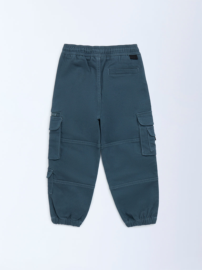HOP Kids Boys Teal Mid-Rise Cotton-Blend Cargo Joggers