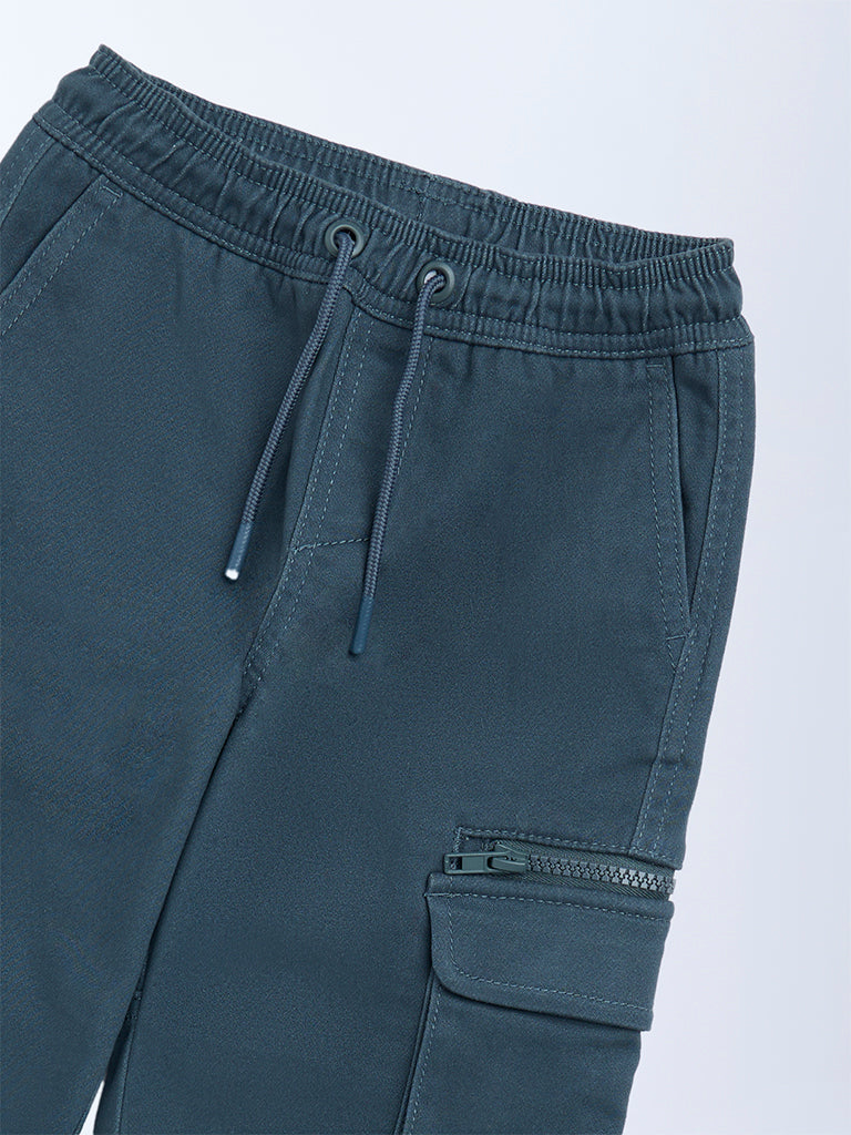 HOP Kids Boys Teal Mid-Rise Cotton-Blend Cargo Joggers