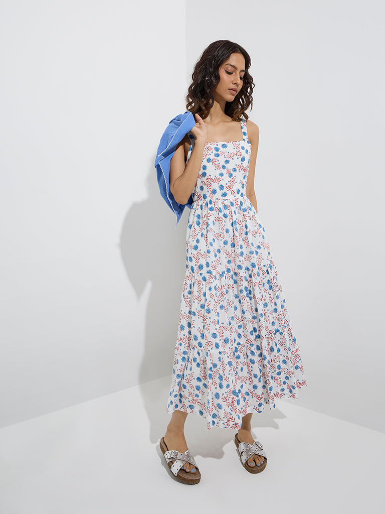 Westside Bombay Paisley Women's Blue Foliage Cotton Tiered Dress with Jacket for Everyday Full Model View