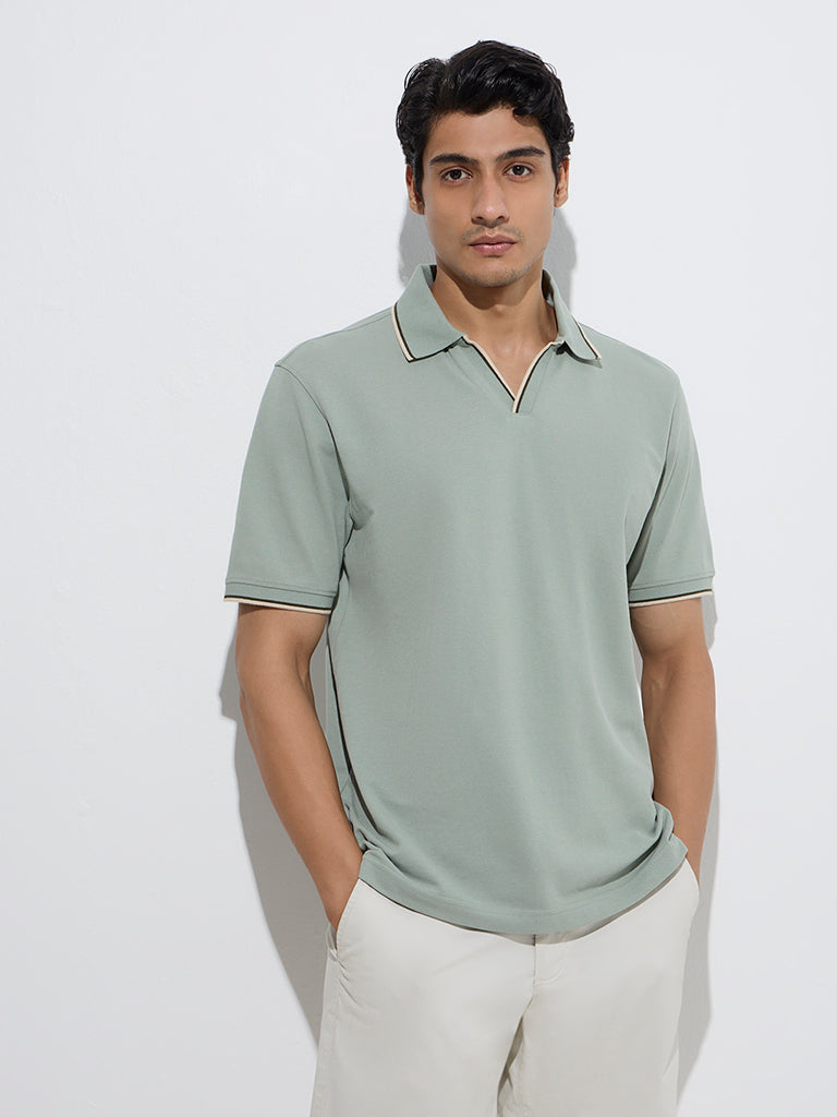 Westside WES Casuals Men's Sage Relaxed-Fit Cotton-Blend Polo T-Shirt for Casual Wear Front  View