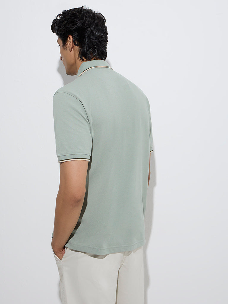 Westside WES Casuals Men's Sage Relaxed-Fit Cotton-Blend Polo T-Shirt for Casual Wear Back View