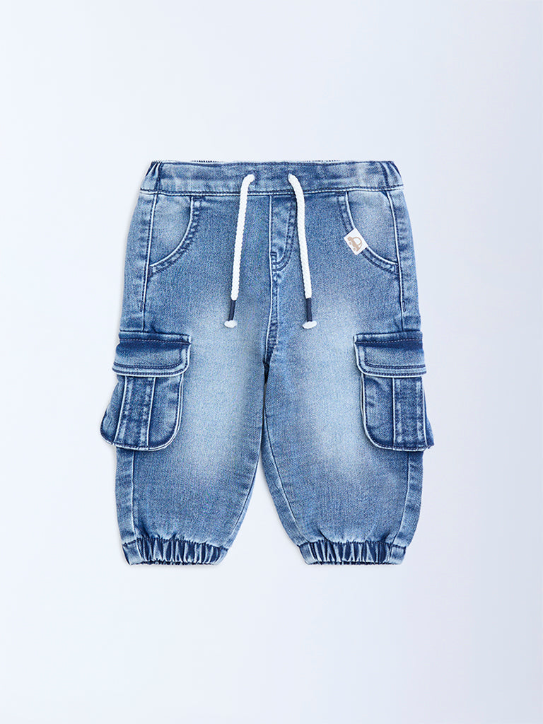 HOP Baby Boys Blue Faded Mid-Rise Denim Joggers