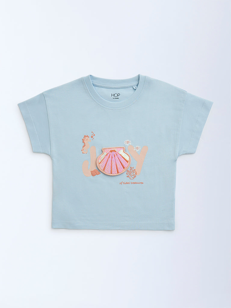 HOP Kids Girls Light Blue Sequin Detailed Cotton T-Shirt