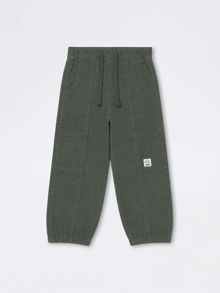 HOP Kids Girls Dark Green Textured High-Rise Cotton-Blend Joggers