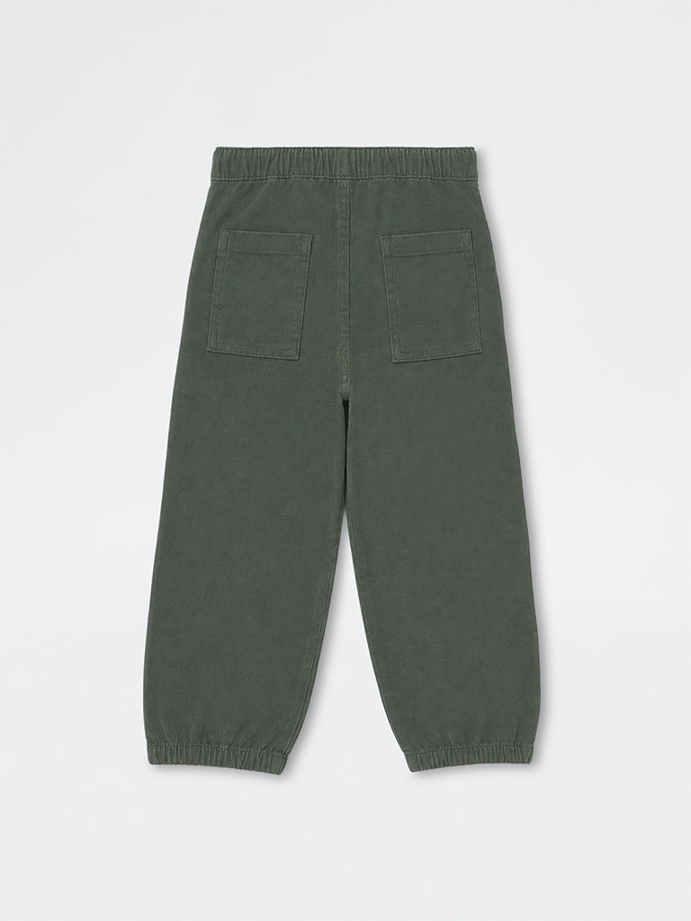 HOP Kids Girls Dark Green Textured High-Rise Cotton-Blend Joggers
