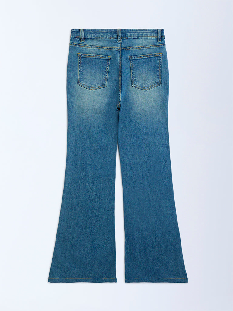 Y&F Kids Girls Blue Faded High-Rise Bootcut Jeans