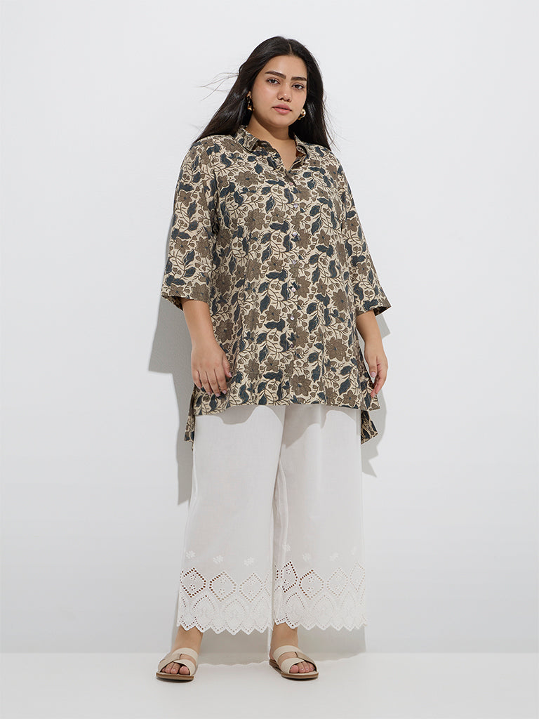 Westside Diza Women's White Schiffli Design Cotton Ethnic Pants for Work Wear Full Model View