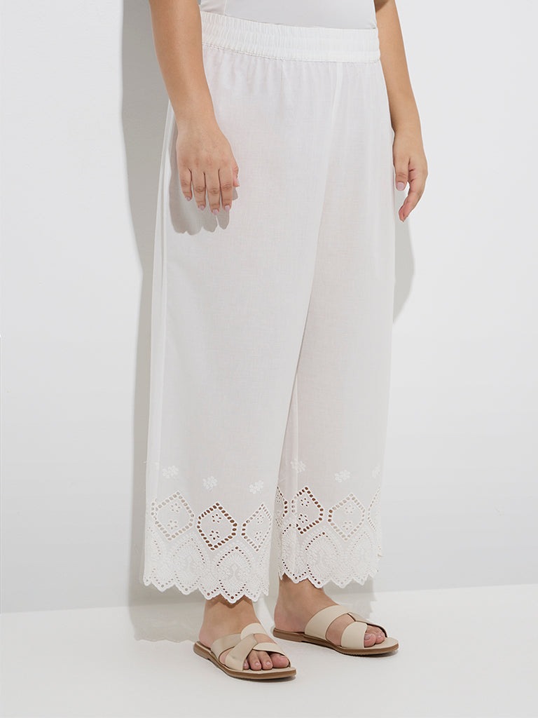 Westside Diza Women's White Schiffli Design Cotton Ethnic Pants for Work Wear Front View