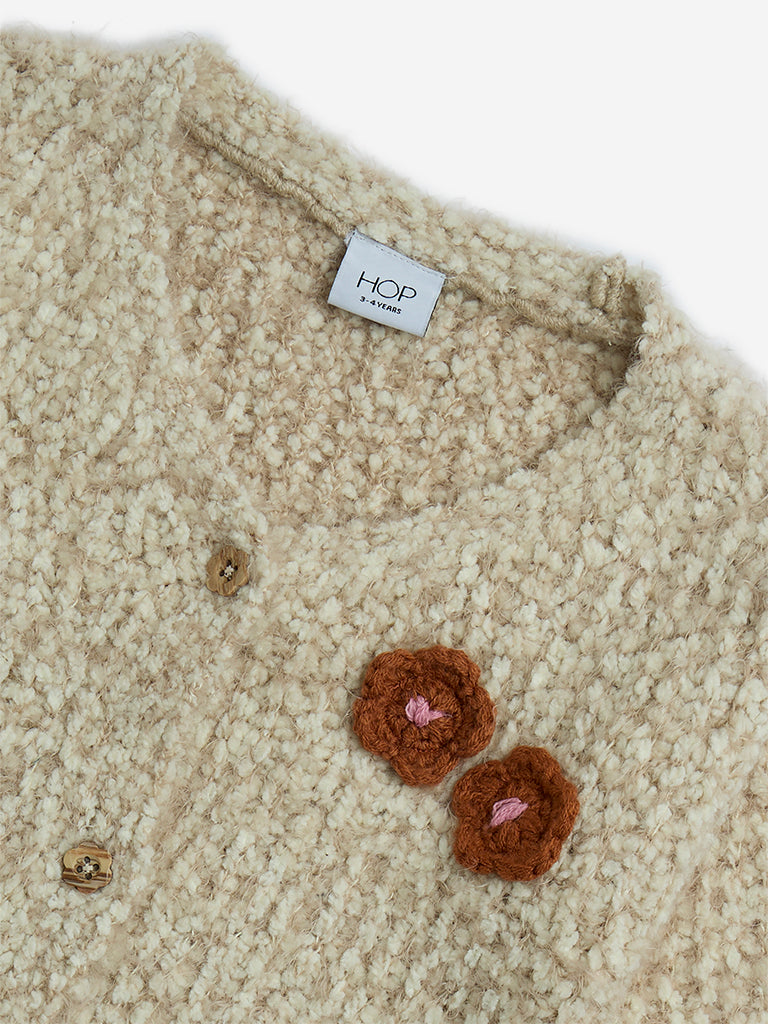 HOP Kids Girls Beige Floral Detailed Fleece Cardigan