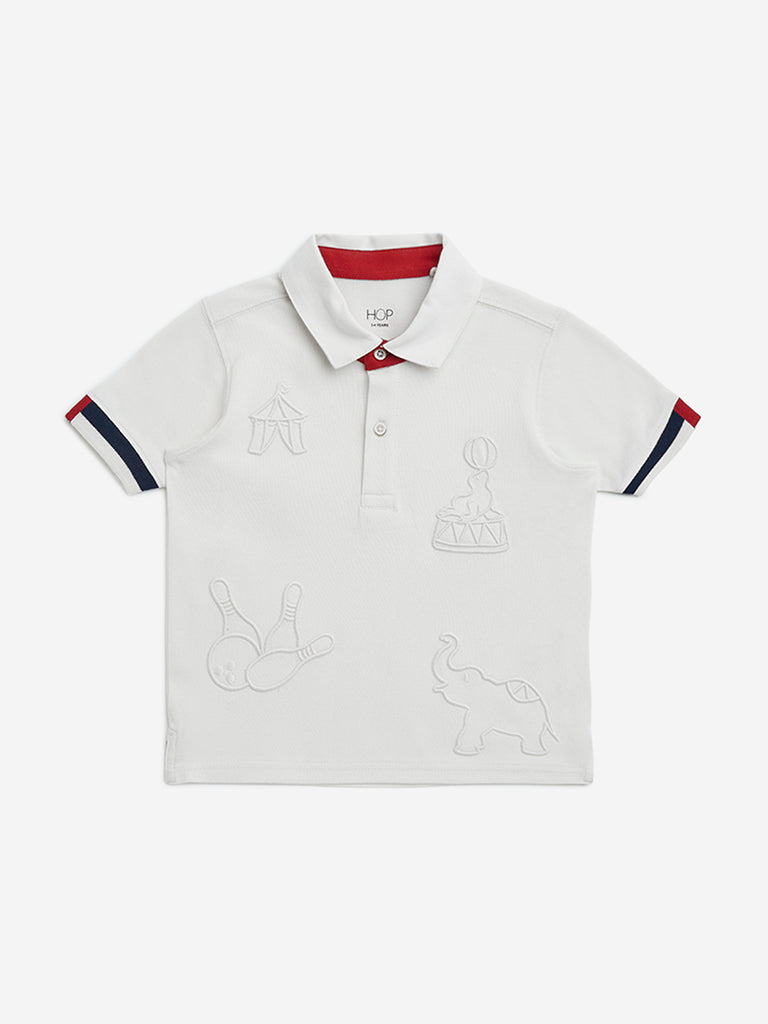 Westside HOP Kids Off-White Embroidered Cotton Polo T-Shirt for Casual Wear Front View