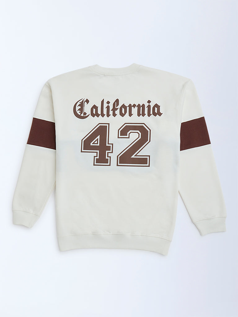 Westside Y&F Boy's White Colour Blocked Cotton-Blend Sweatshirt for Winter Wear Back View