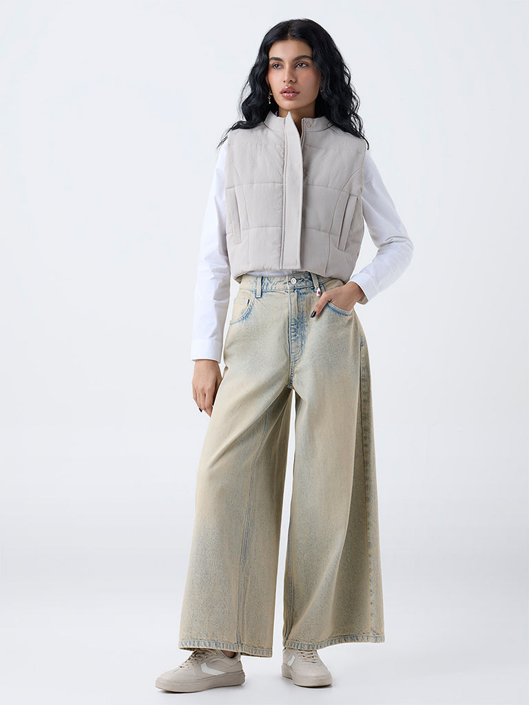 Nuon Light Beige Self-Striped Puffer Jacket