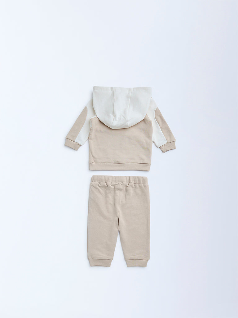 Westside HOP Baby Boys Beige Animal Printed Cotton Sweatshirt with Joggers Set for Winter Wear Back View