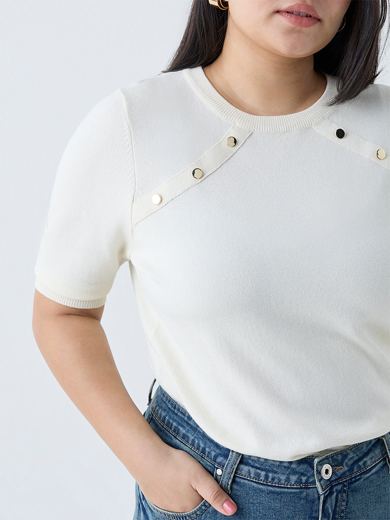 Westside Gia Women's Cream Solid Knitted T-Shirt for Casual Wear Zoomed View