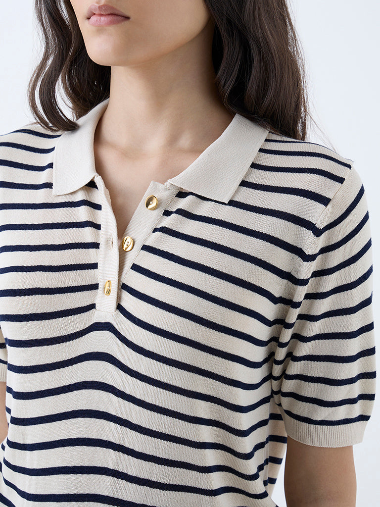 Westside Wardrobe Women's Beige Stripe Knitted Polo T-Shirt for Work Wear Zoomed View