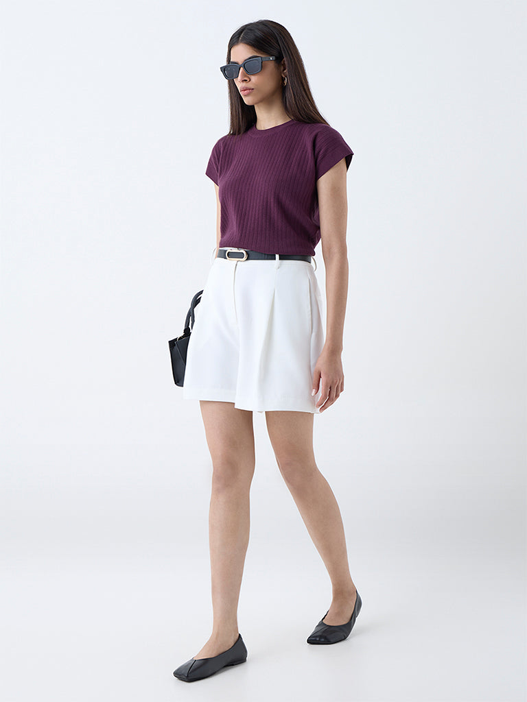 Westside Wardrobe Women's Plum Self-Striped T-Shirt for Work Wear Full View