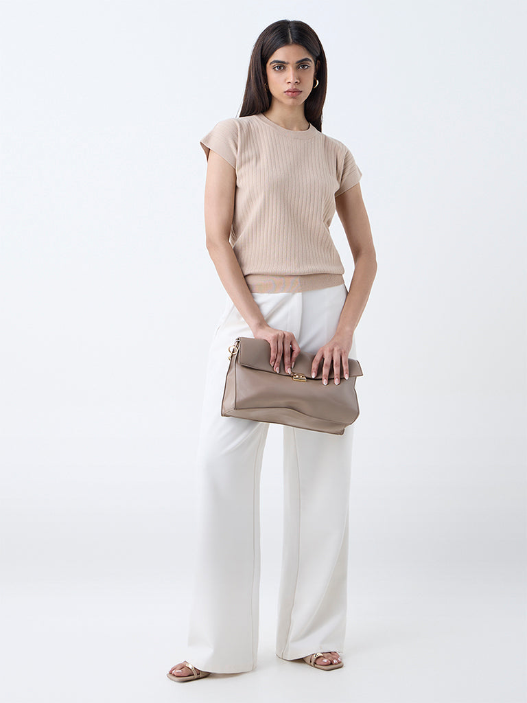 Westside Wardrobe Women's Beige Self-Striped T-Shirt for Work Wear Full View