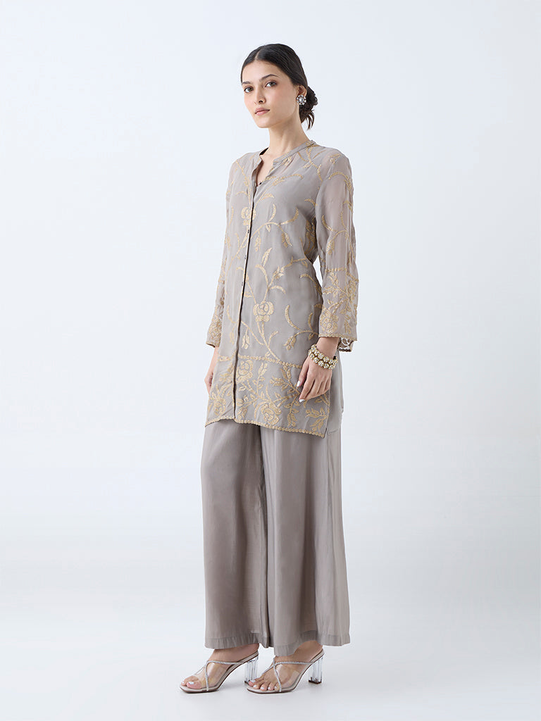 Westside Vark Women's Grey Floral Embroidered Straight Ethnic Set for Festive Wear Front View