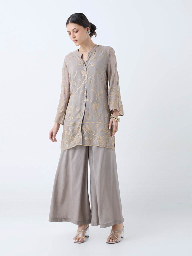 Westside Vark Women's Grey Floral Embroidered Straight Ethnic Set for Festive Wear Full View