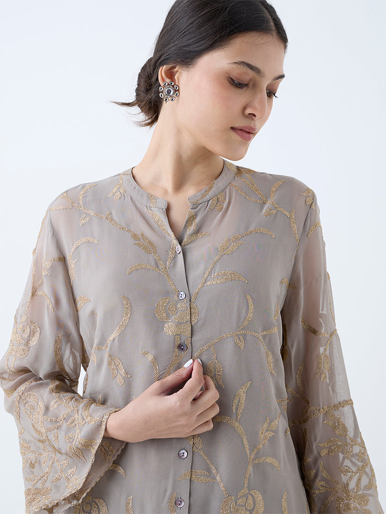 Westside Vark Women's Grey Floral Embroidered Straight Ethnic Set for Festive Wear Zoomed View