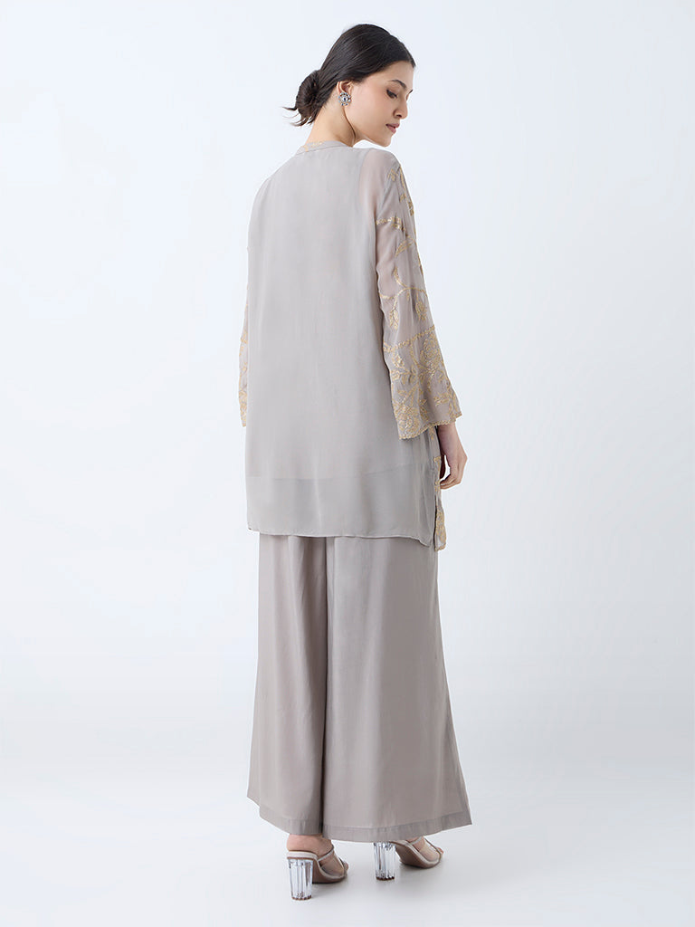 Westside Vark Women's Grey Floral Embroidered Straight Ethnic Set for Festive Wear Back View