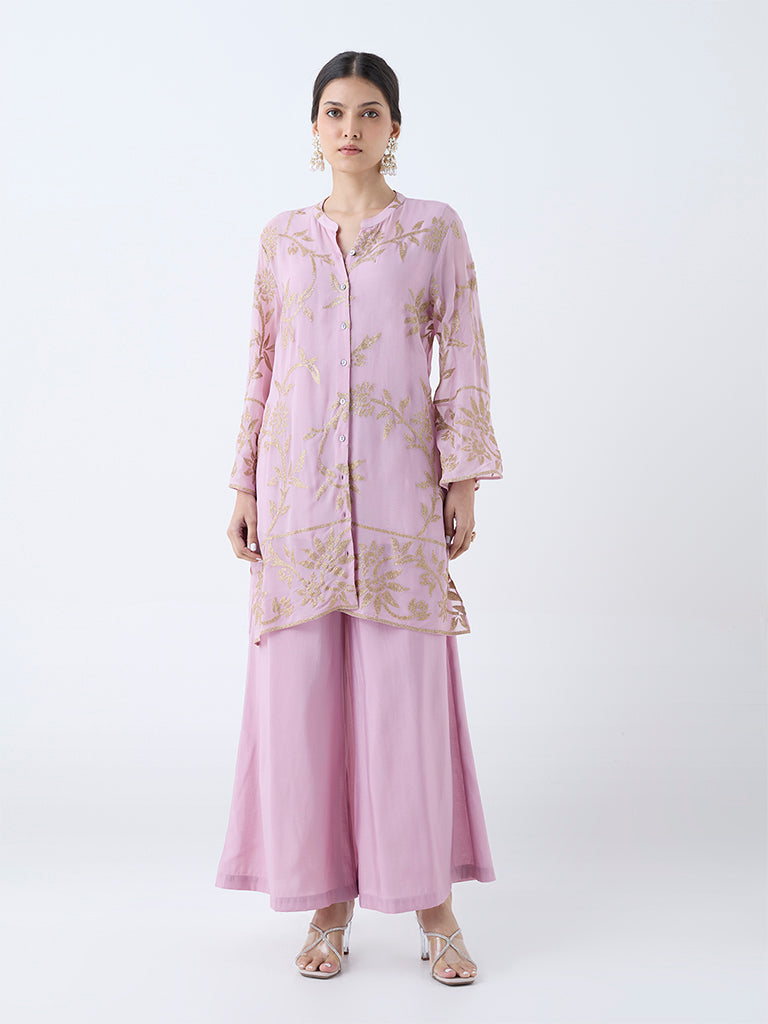 Westside Vark Women's Lilac Floral Embroidered Straight Ethnic Set for Festive Wear Front View