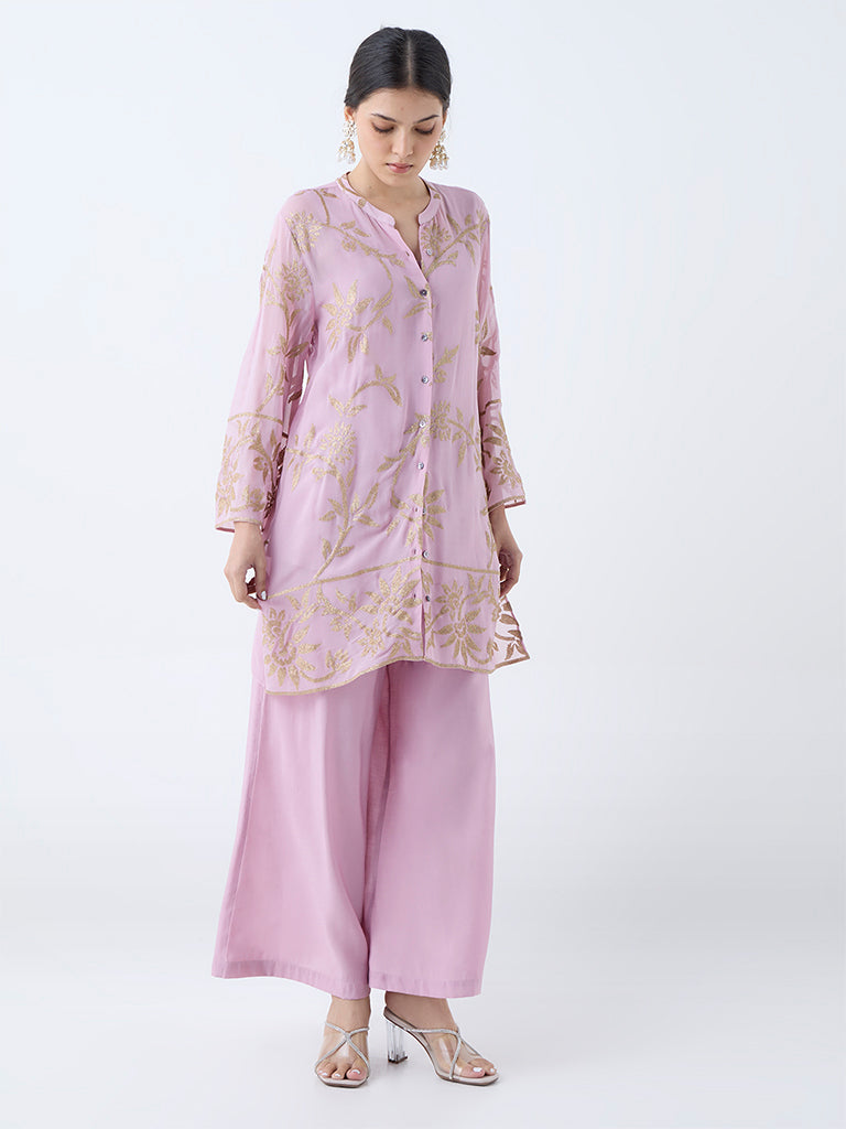 Westside Vark Women's Lilac Floral Embroidered Straight Ethnic Set for Festive Wear Full View