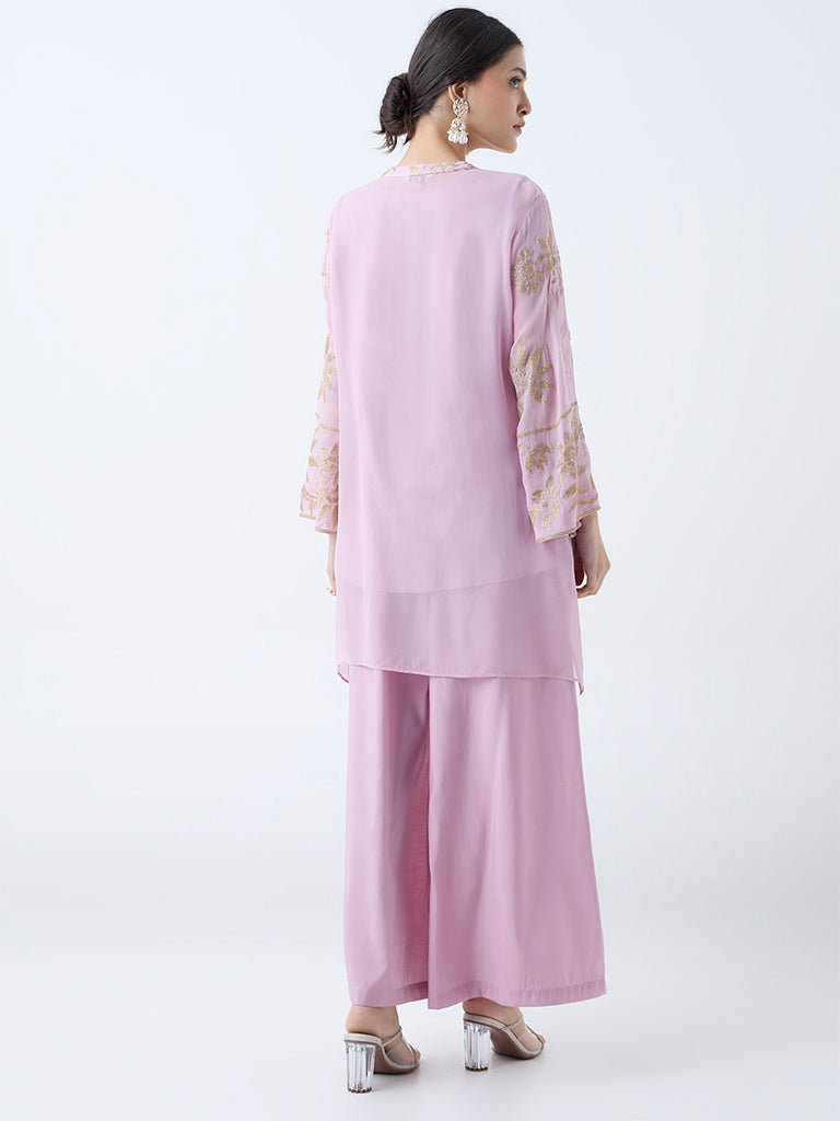 Westside Vark Women's Lilac Floral Embroidered Straight Ethnic Set for Festive Wear Back View