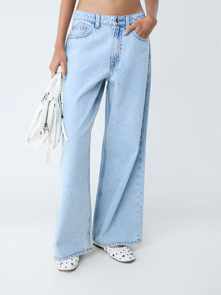 Westside Nuon Women's Light Blue Wide Leg High-Rise Jeans for Casual Wear Front view