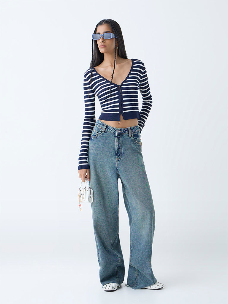 Westside Nuon Women's Navy Stripe Patterned Top for Casual Wear Full View