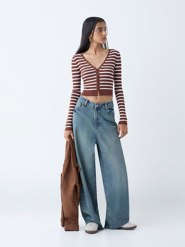 Westside Nuon Women's Brown Stripe Printed Top for Casual Wear Full View