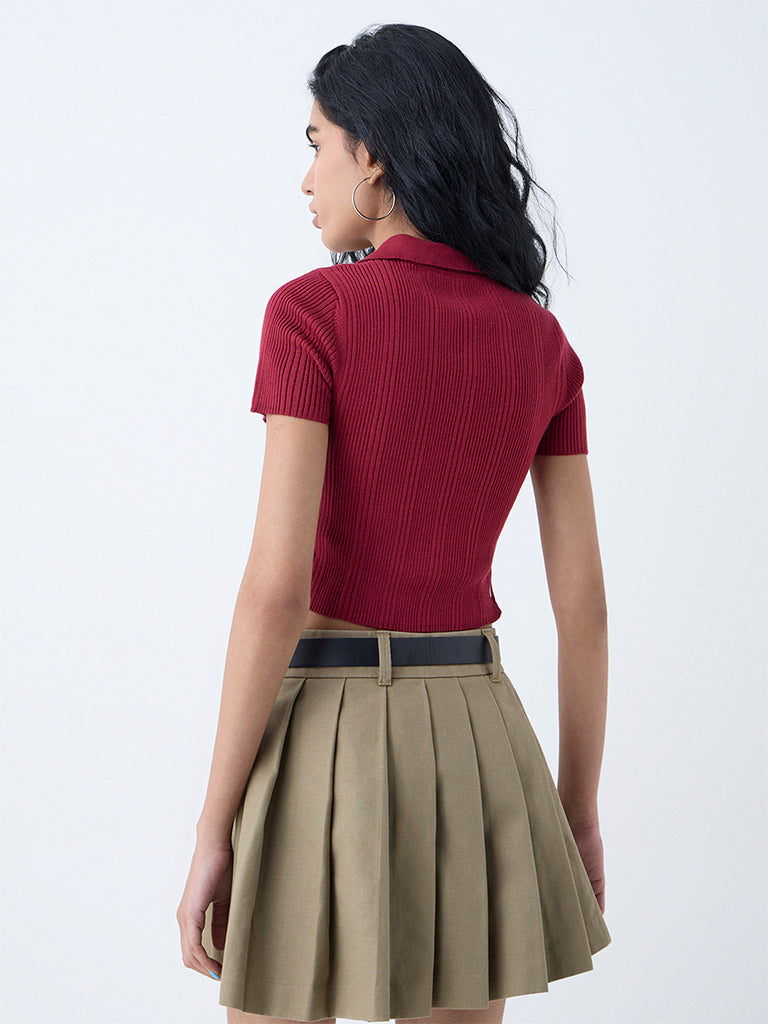 Westside Nuon Women's Maroon Ribbed-Textured T-Shirt for Casual Wear Back View