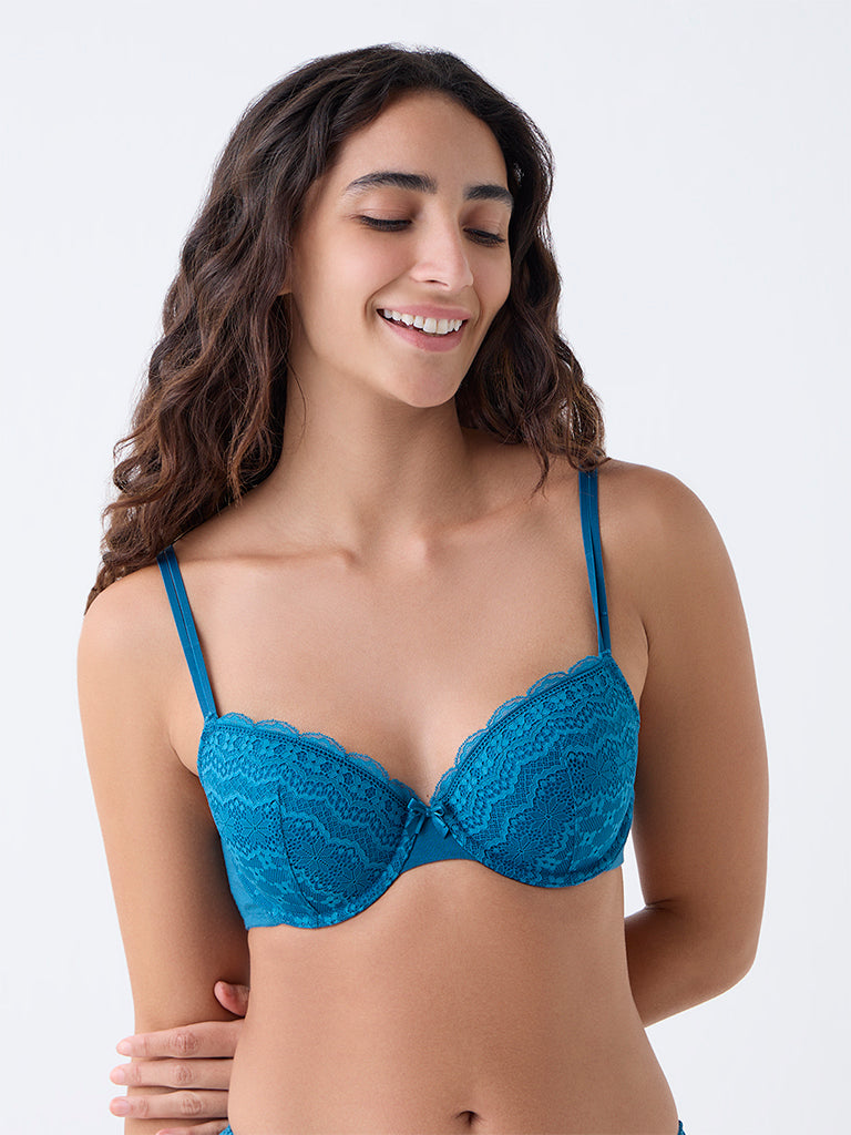 Wunderlove Teal Floral Lace Underwired Cotton-Blend Bra