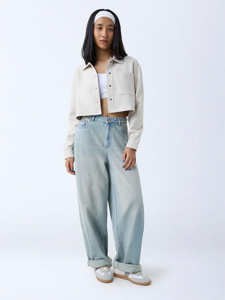 Westside Nuon Women's Off-White Solid Suede Jacket for Casual Wear Front View