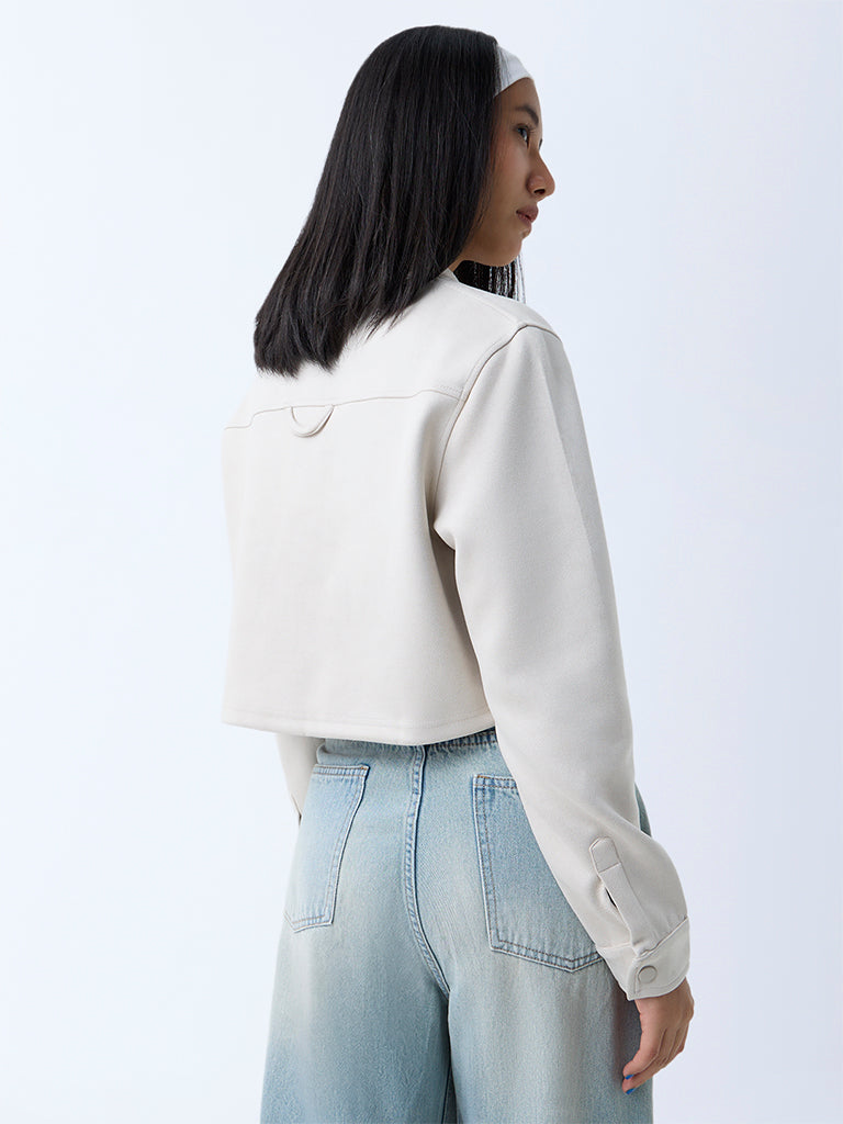 Westside Nuon Women's Off-White Solid Suede Jacket for Casual Wear Back View