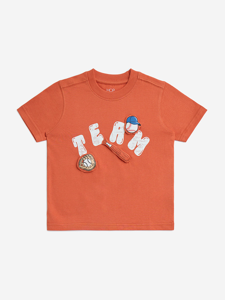 Westside HOP Kids Orange Baseball-Themed Cotton T-Shirt for Casual Wear Front View