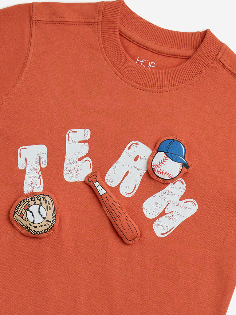 Westside HOP Kids Orange Baseball-Themed Cotton T-Shirt for Casual Wear Zoomed View
