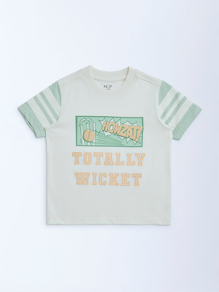 Westside HOP Kids Off-White Text Detailed Cotton T-Shirt for Casual Wear Front View