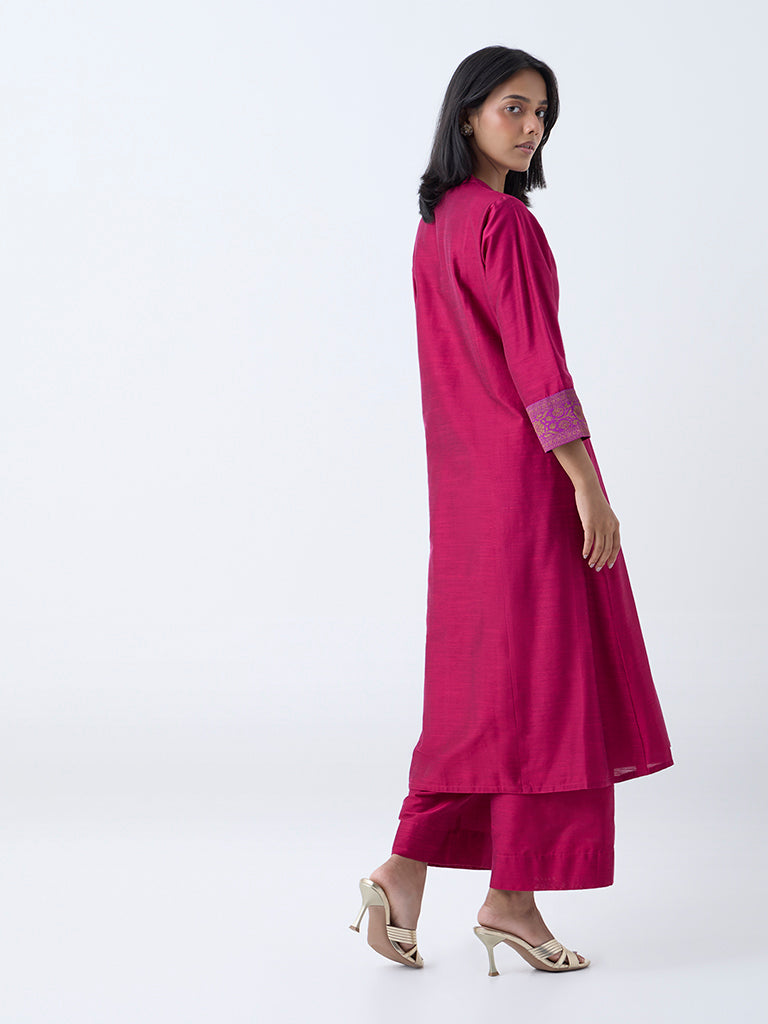 Westside Utsa Women's Fuchsia Solid A-Line Kurta for Work Wear Back View