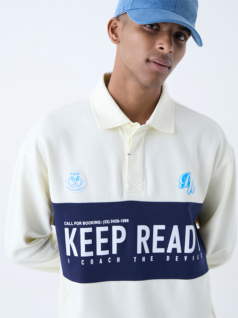 Westside Nuon Men's Off-White Relaxed-Fit Cotton-Blend Polo T-Shirt for Casual Wear Zoomed View