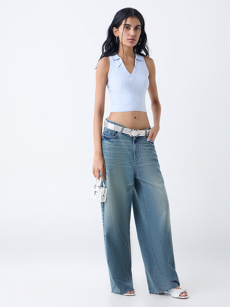 Westside Nuon Women's Light Blue Cable-Knitted Top for Casual Wear Full View