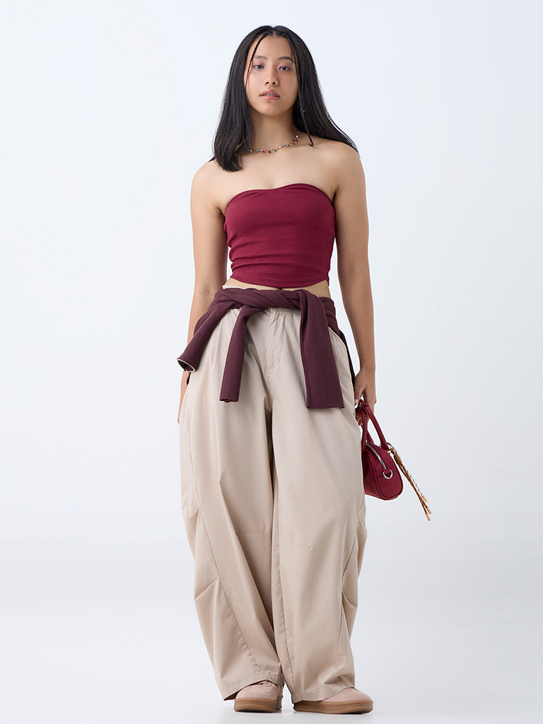 Westside Nuon Women's Wine Ribbed Cotton-Blend Tube Top for Casual Wear Full View