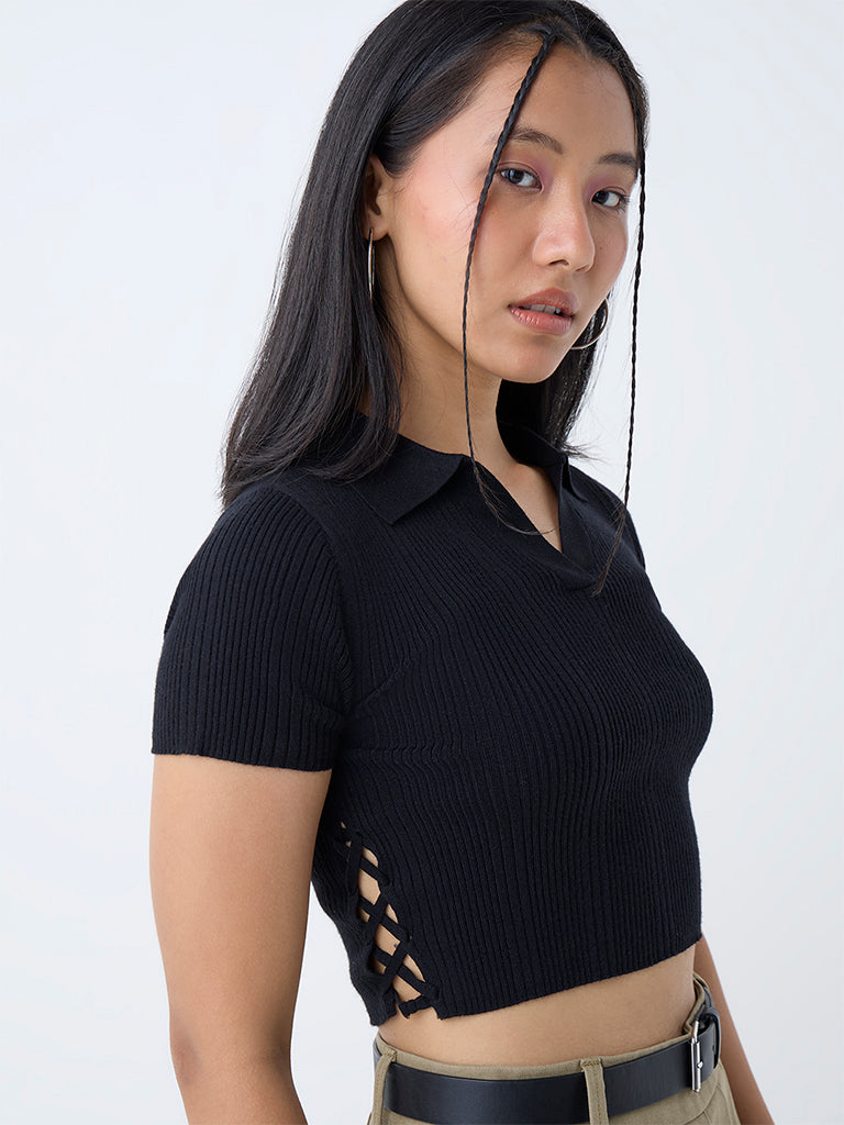 Westside Nuon Women's Black Criss-Cross-Detailed Ribbed T-Shirt for Casual Wear Zoomed View